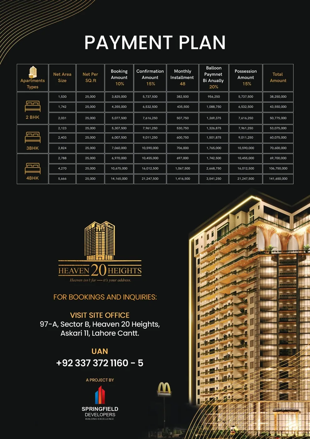 Heaven 20 Heights 4-year easy installment payment plan schedule with full pricing table
