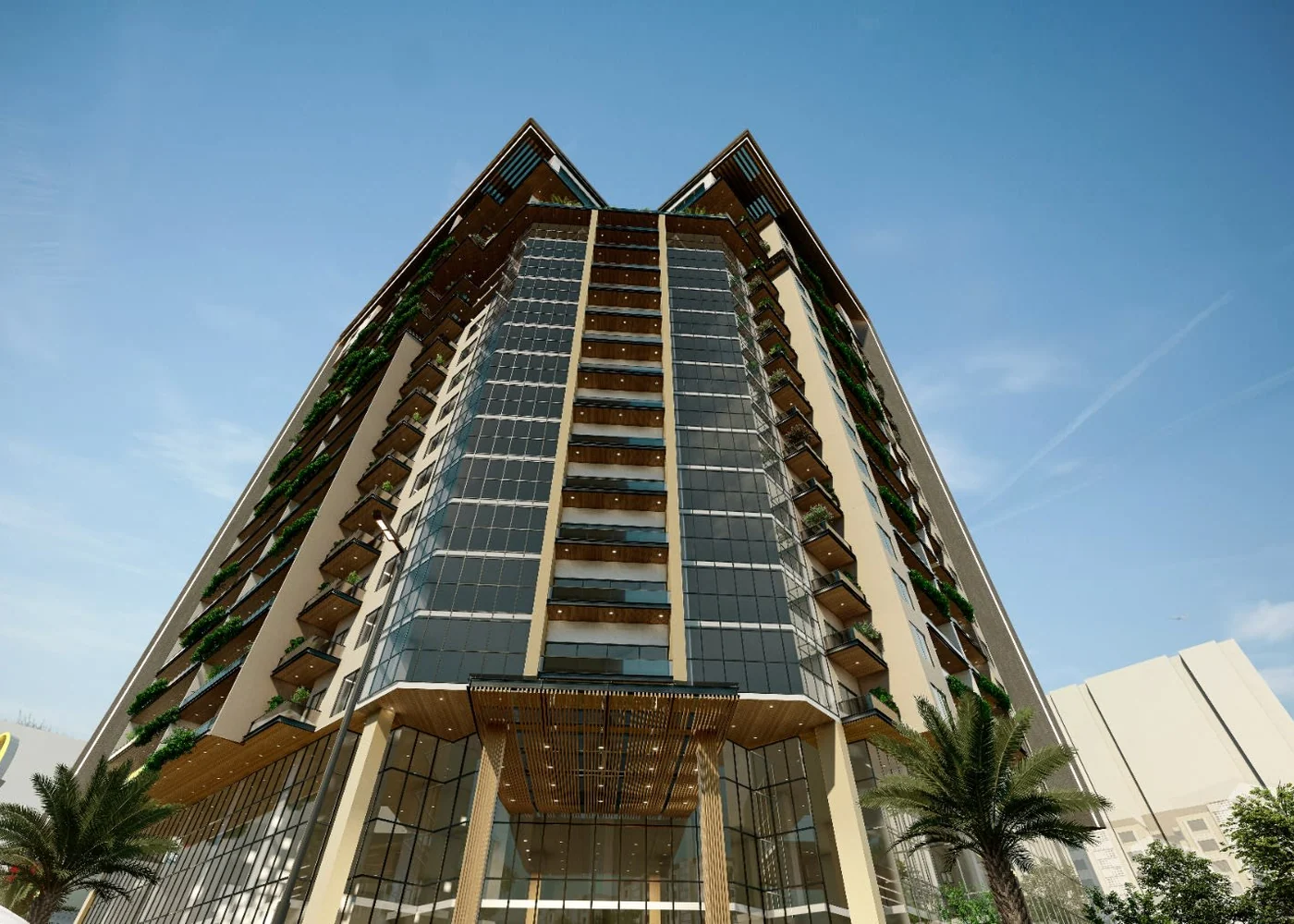 Heaven 20 Heights tower exterior daylight render — premium high-rise in Askari 11 Sector B Lahore Cantt