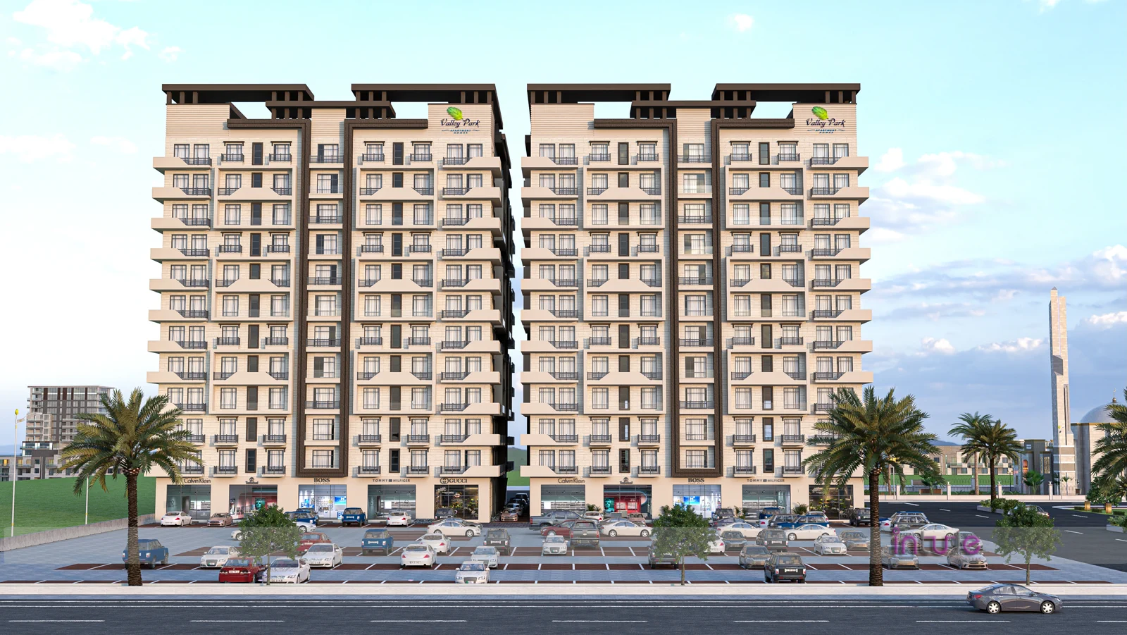 Valley Park Apartments exterior render, Canal Valley Lahore