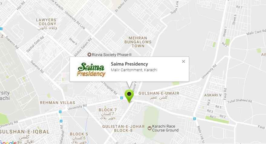Saima Presidency Karachi Location Map